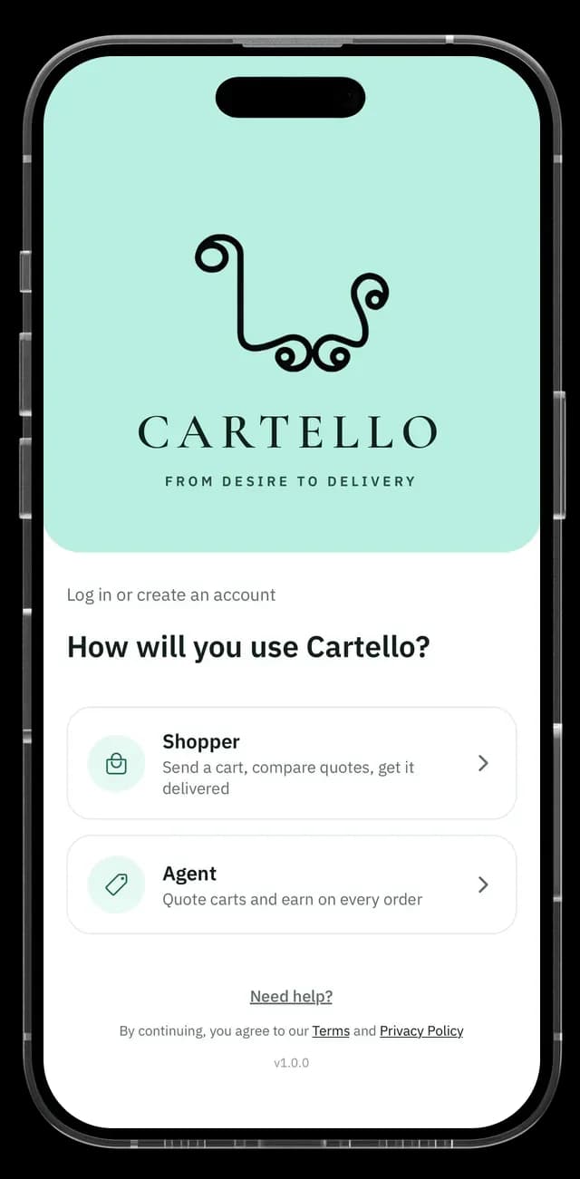 Cartello app screen: choose Shopper or Agent
